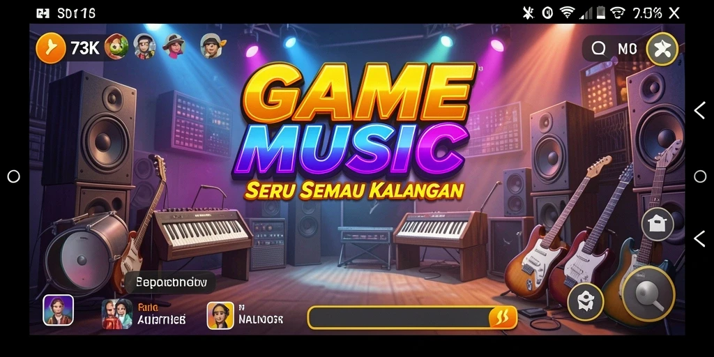 Tangkapan layar 73K menampilkan gameplay musik yang seru dan interaktif.