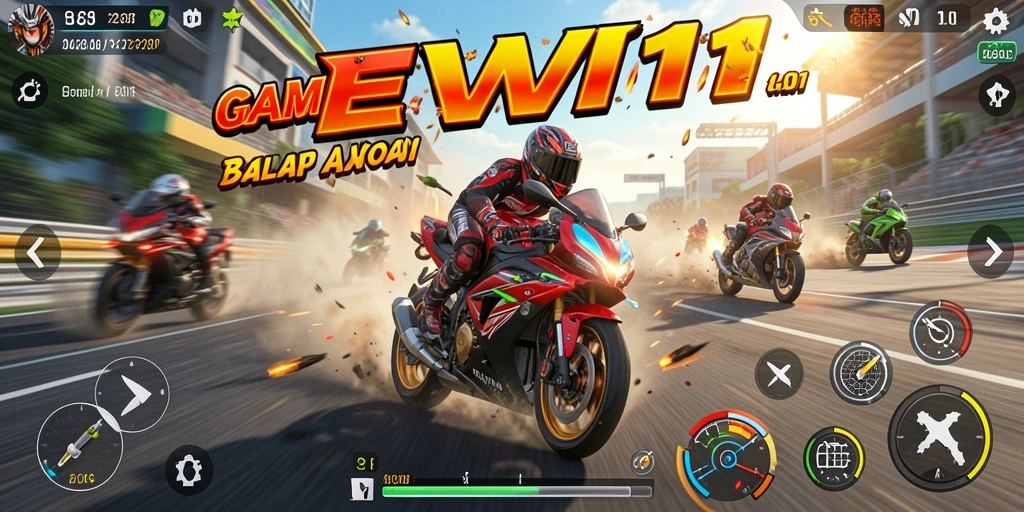 Tampilan gameplay DEWI11 dengan sepedamotor balap yang memukau.