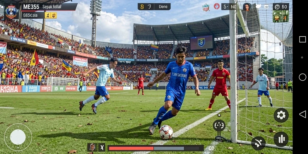 Tangkapan layar gameplay ME355 yang mendebarkan di lapangan sepak bola.