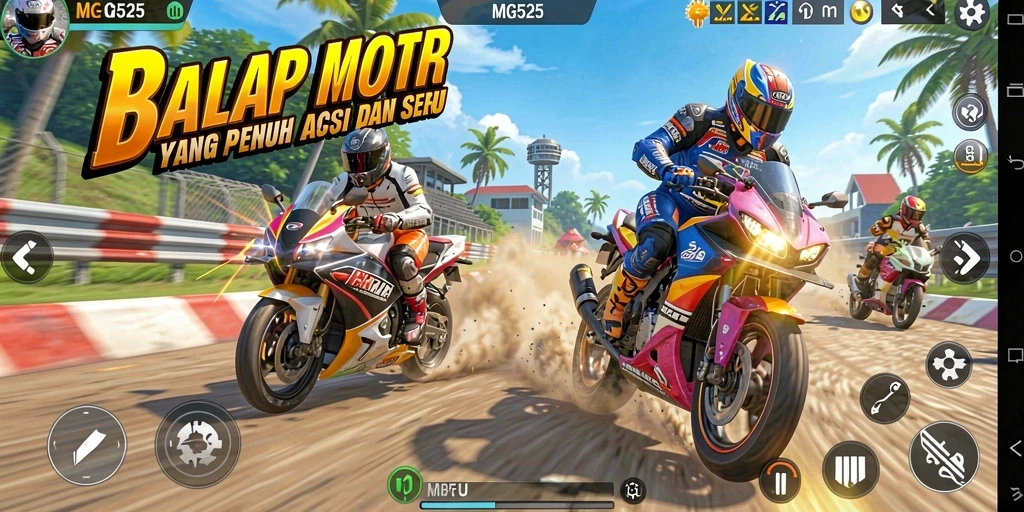 Screenshot MG525 menampilkan aksi balap motor yang mendebarkan.
