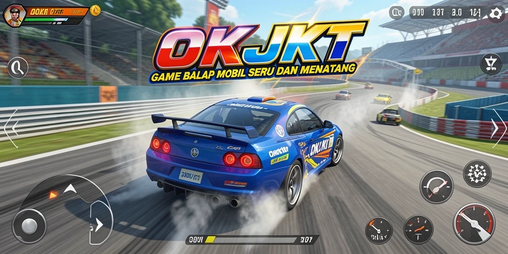 Tampilan gameplay mendebarkan dalam balapan mobil di OKJKT.