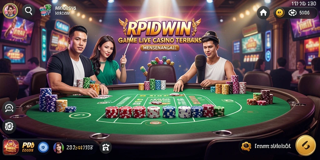 Screenshot gameplay RPIDWIN yang menampilkan dealer langsung dan suasana kasino.