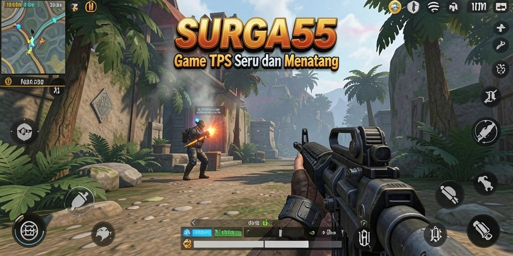 Screenshot SURGA55 menampilkan aksi seru dalam pertempuran TPS.