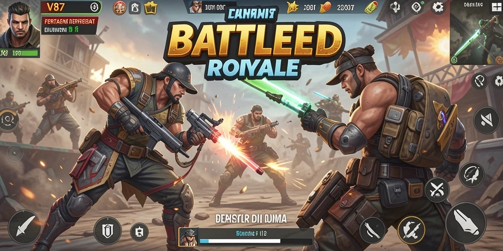Tangkapan layar gameplay V87 menampilkan aksi intens di medan perang Battle Royale.