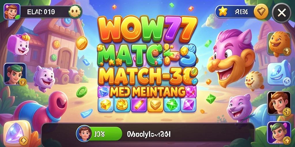 Screenshot gameplay WOW77 menampilkan kombinasi warna-warni dalam permainan Match-3.